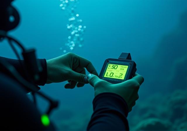 A technical diver checking dive computer at depth