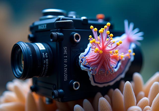 Underwater camera rig showing a colorful sea slug
