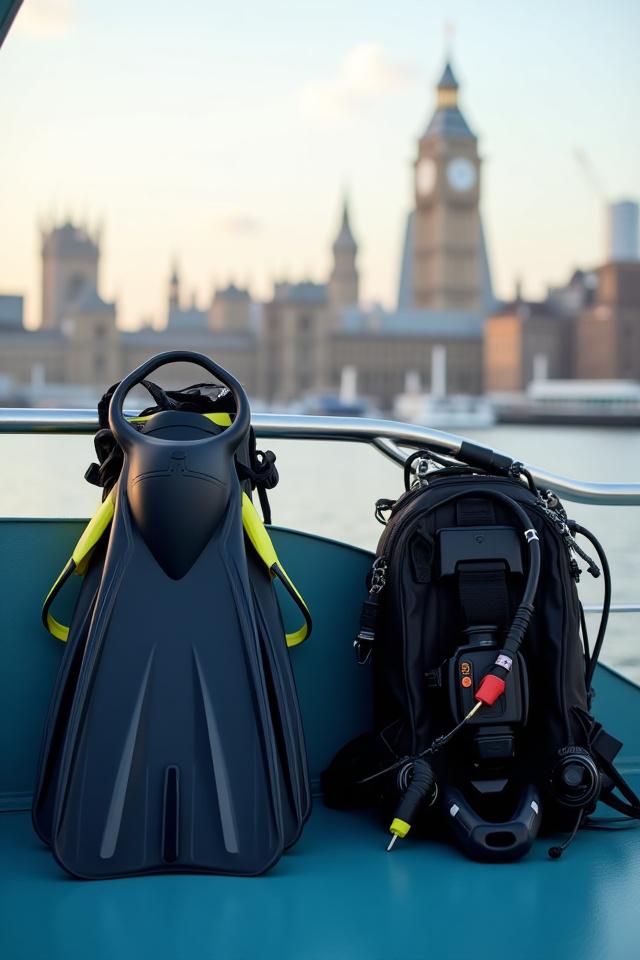 Scuba diving gear resting on a boat deck with the London skyline in the distance