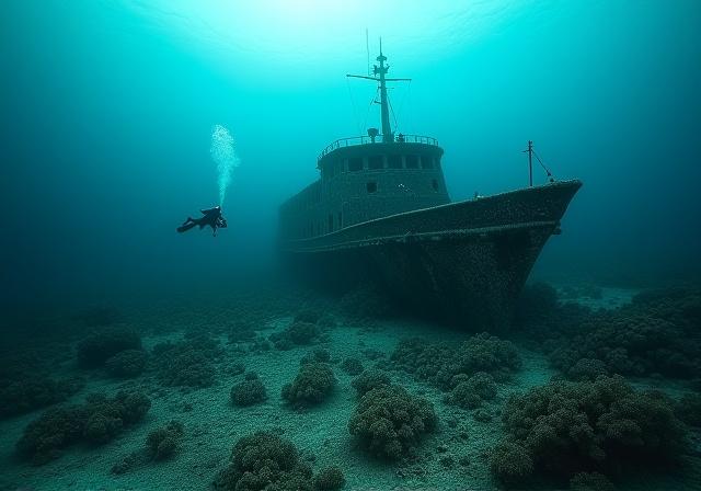 Wide angle shot of a diver exploring a wreck